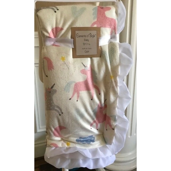 ELEMENTS OF STYLE RUFFLED UNICORN PRINT REVERSIBLE BABY QUILT 40" X 30" NWT - Picture 3 of 6
